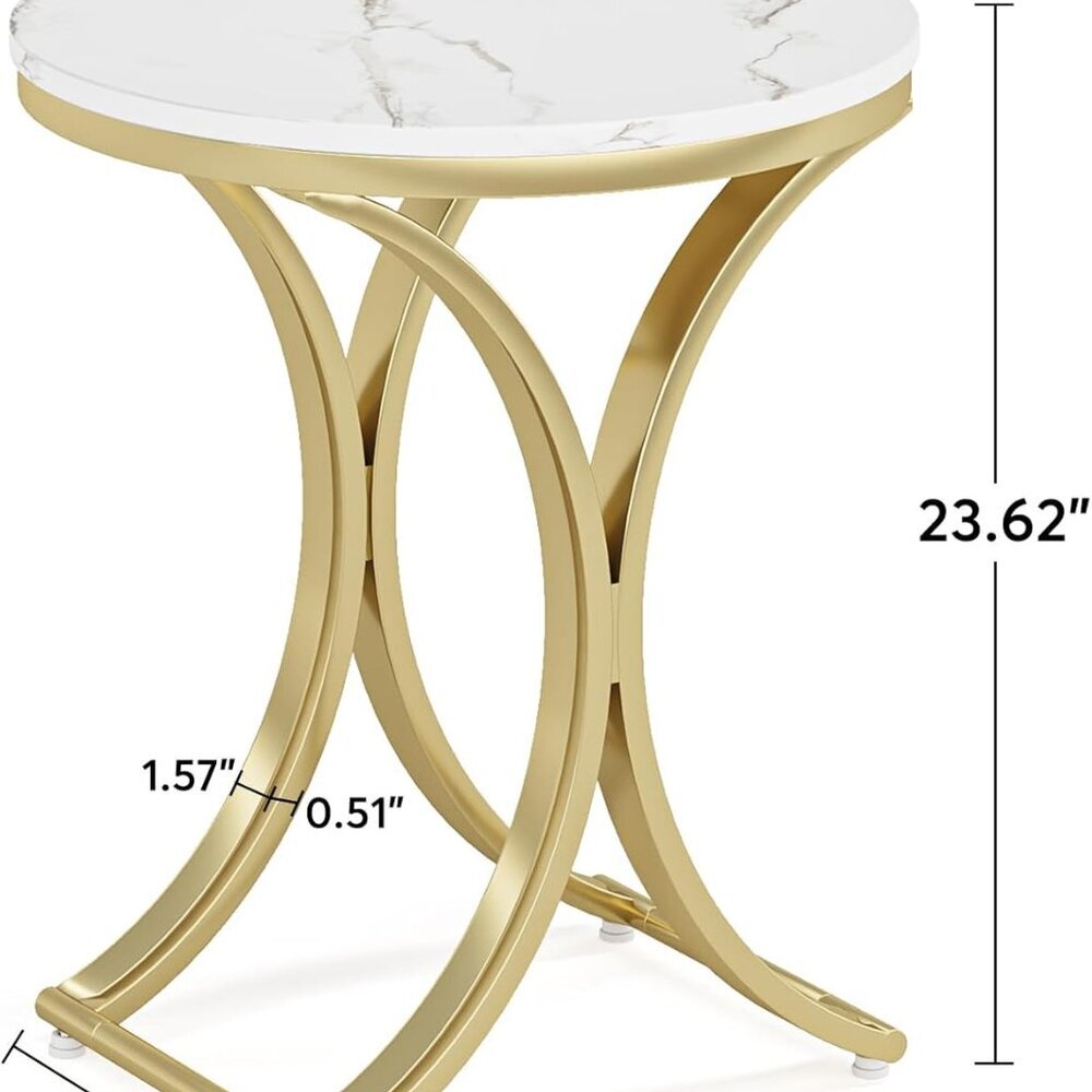 Small Round Sofa Side Table, Faux Marble White and Gold End Table, Contemporary - Picture 2 of 8
